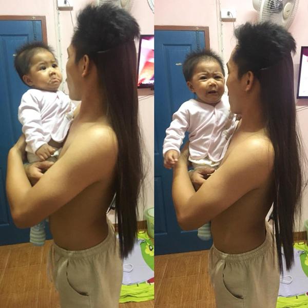 hy sinh hinh tuong soai ca de do con, ong bo tre khien be so "meo mat" - 1